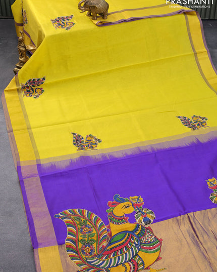 Silk cotton saree yellow and blue with kalamkari applique work and zari woven border & kalamkari blouse