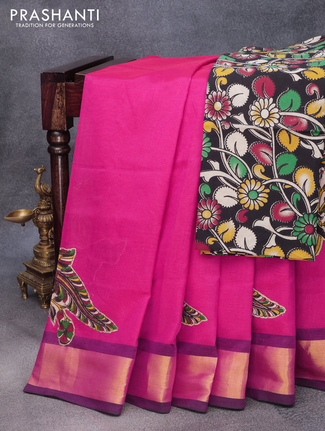 Silk cotton saree pink and green with kalamkari applique work and zari woven border & kalamkari blouse