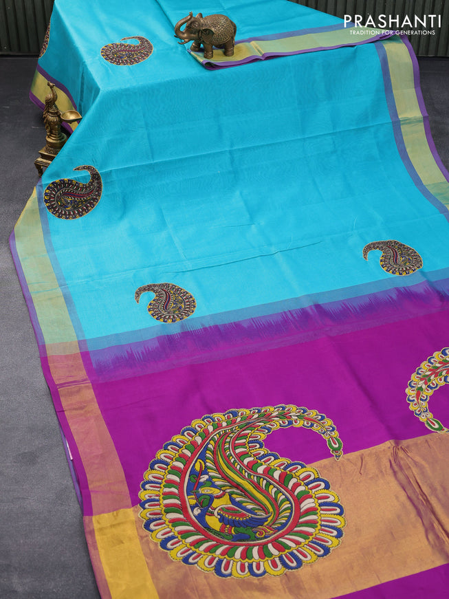 Silk cotton saree teal blue and purple with kalamkari applique work and zari woven border & kalamkari blouse