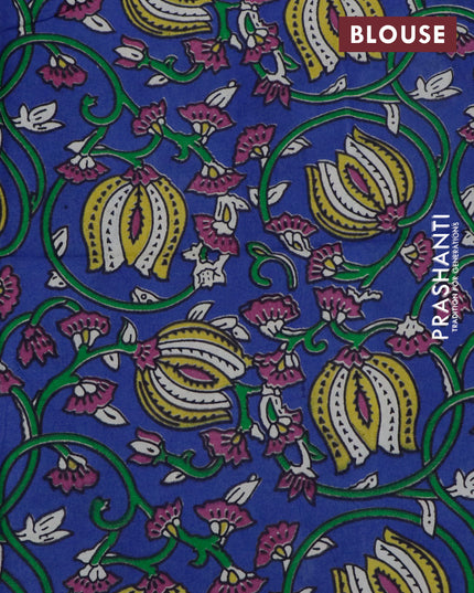 Silk cotton saree teal blue and purple with kalamkari applique work and zari woven border & kalamkari blouse