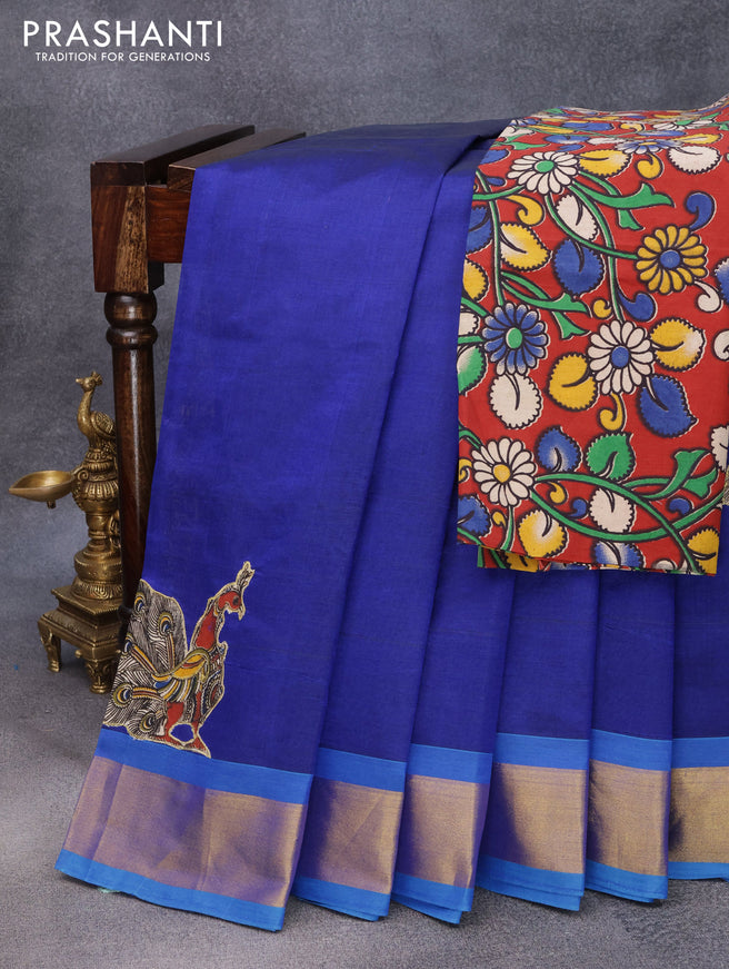 Silk cotton saree blue and cs blue with kalamkari applique work and zari woven border & kalamkari blouse