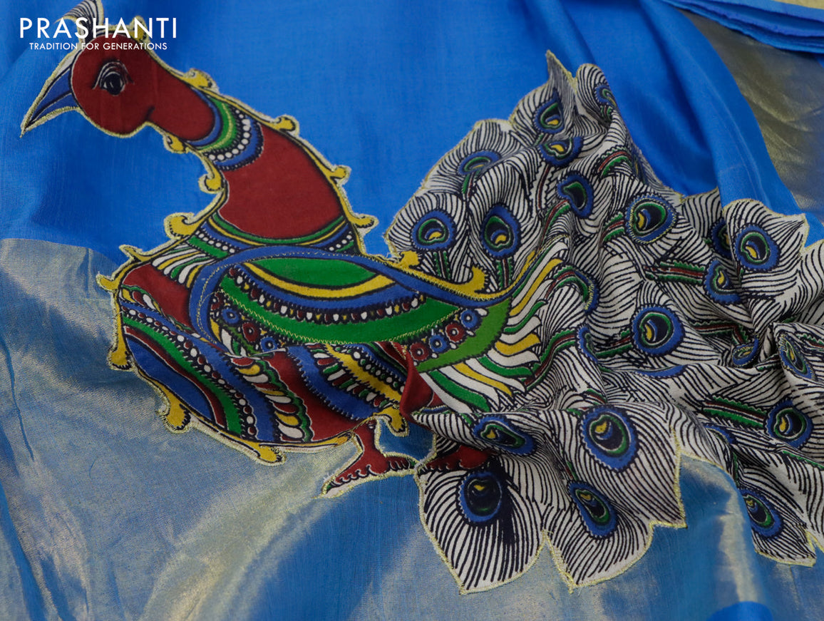 Silk cotton saree blue and cs blue with kalamkari applique work and zari woven border & kalamkari blouse