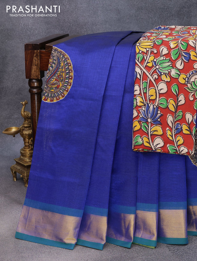 Silk cotton saree blue and light green with kalamkari applique work and zari woven border & kalamkari blouse