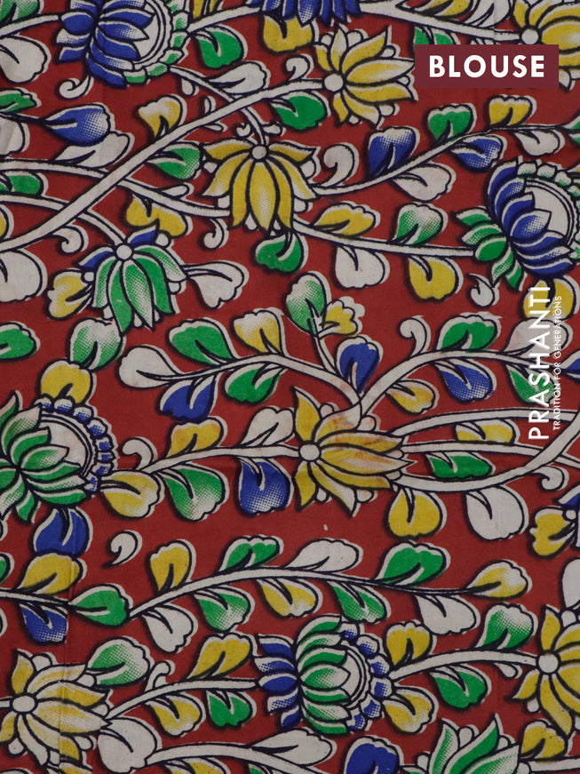 Silk cotton saree blue and light green with kalamkari applique work and zari woven border & kalamkari blouse