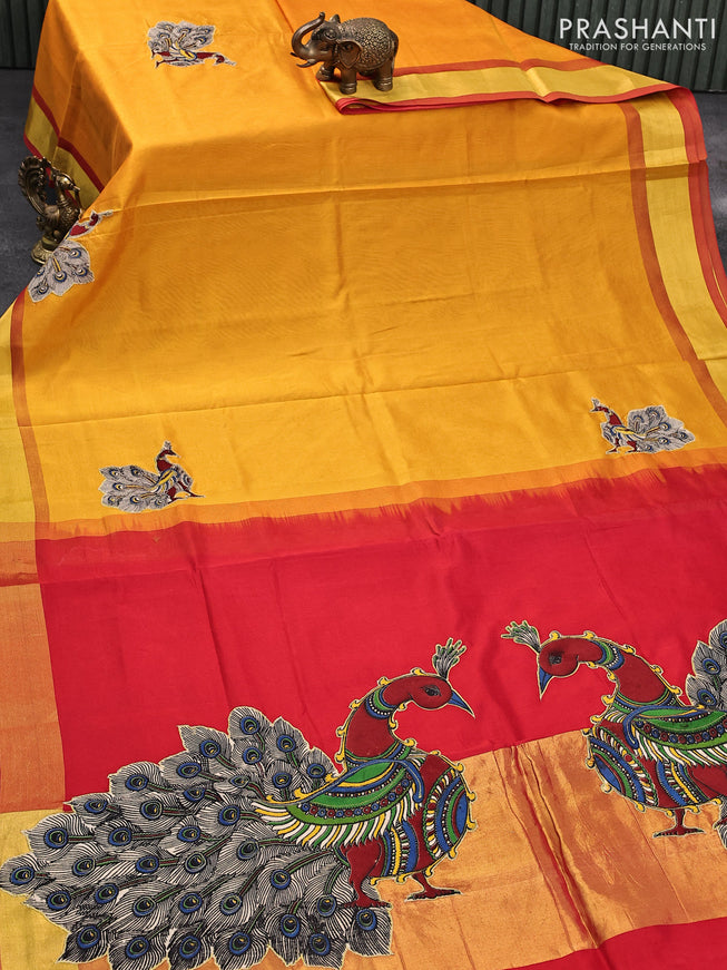 Silk cotton saree mango yellow and red with kalamkari applique work and zari woven border & kalamkari blouse