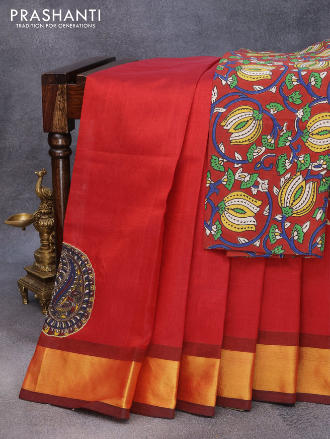 Silk cotton saree maroon and blue with kalamkari applique work and zari woven border & kalamkari blouse