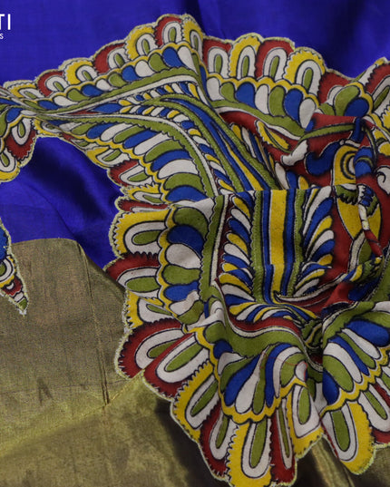 Silk cotton saree maroon and blue with kalamkari applique work and zari woven border & kalamkari blouse
