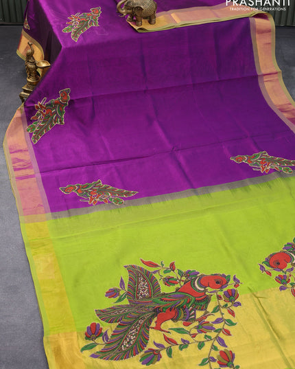 Silk cotton saree violet and light green with kalamkari applique work and zari woven border & kalamkari blouse
