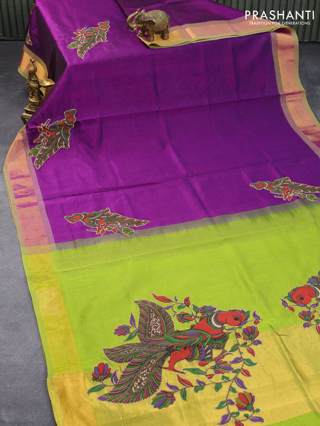 Silk cotton saree violet and light green with kalamkari applique work and zari woven border & kalamkari blouse