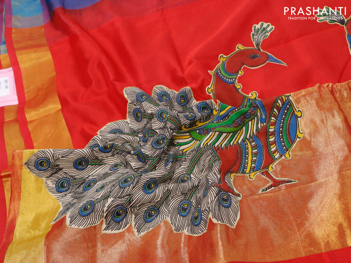 Silk cotton saree peacock blue and red with kalamkari applique work and zari woven border & kalamkari blouse