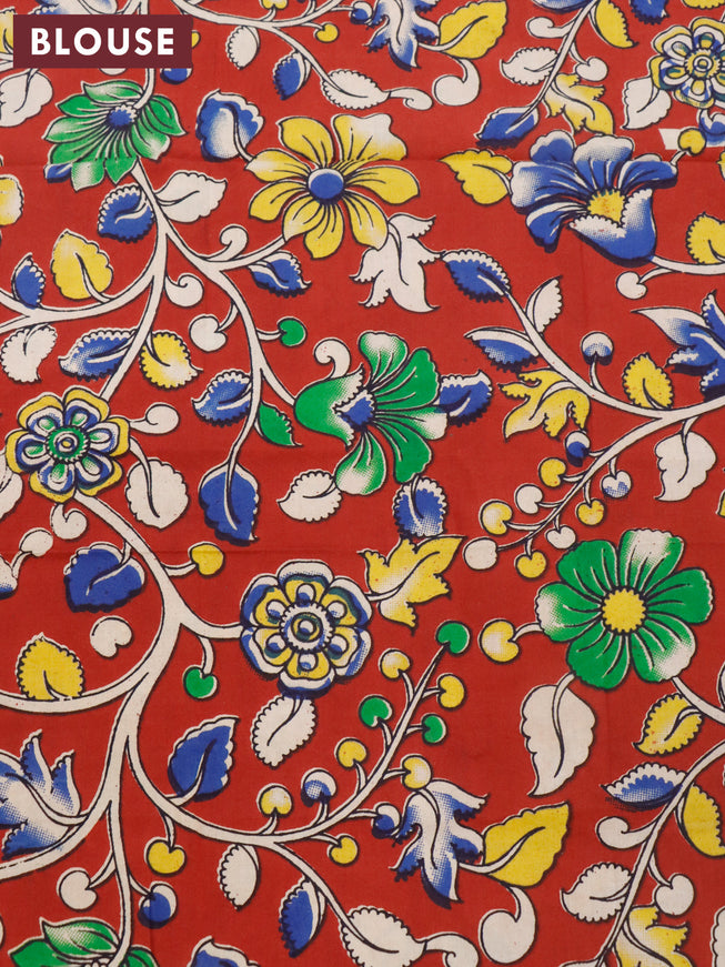 Silk cotton saree peacock blue and red with kalamkari applique work and zari woven border & kalamkari blouse