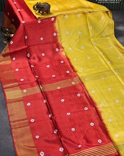 Banana silk saree yellow and red with tie and dye batik butta prints and zari woven border