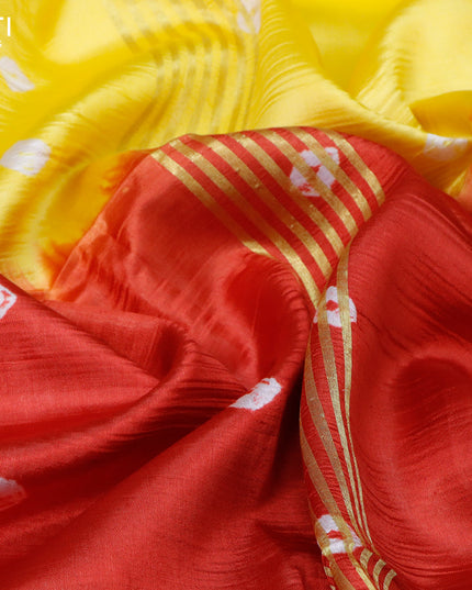 Banana silk saree yellow and red with tie and dye batik butta prints and zari woven border