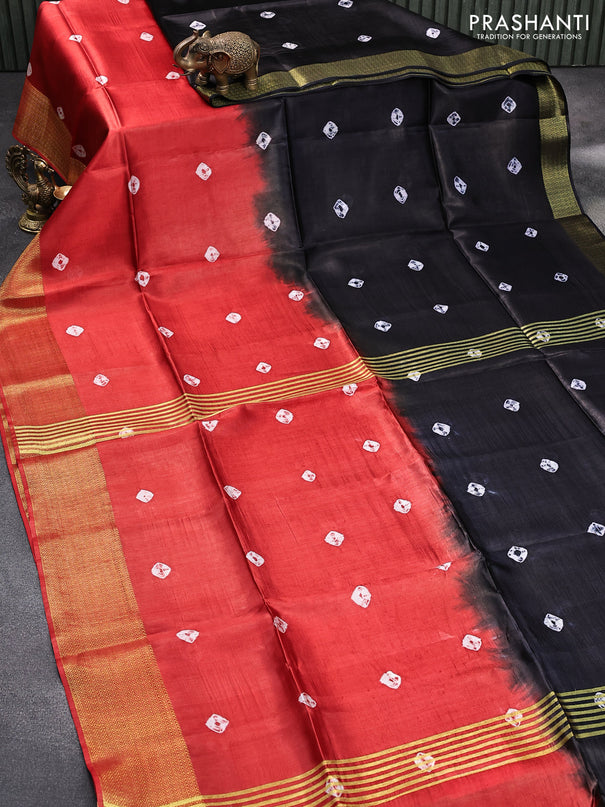 Banana silk saree black and red with tie and dye batik butta prints and zari woven border
