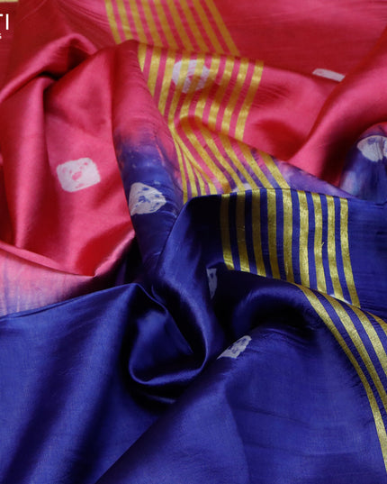 Banana silk saree pink and blue with tie and dye batik butta prints and zari woven border