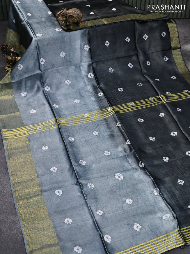 Banana silk saree elephant grey and grey with tie and dye batik butta prints and zari woven border