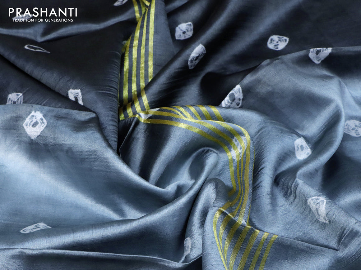 Banana silk saree elephant grey and grey with tie and dye batik butta prints and zari woven border
