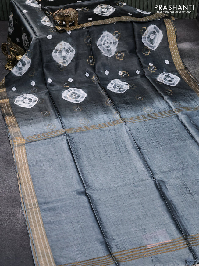 Banana silk saree dark grey and grey with allover geometric zari buttas & batik butta prints and zari woven border