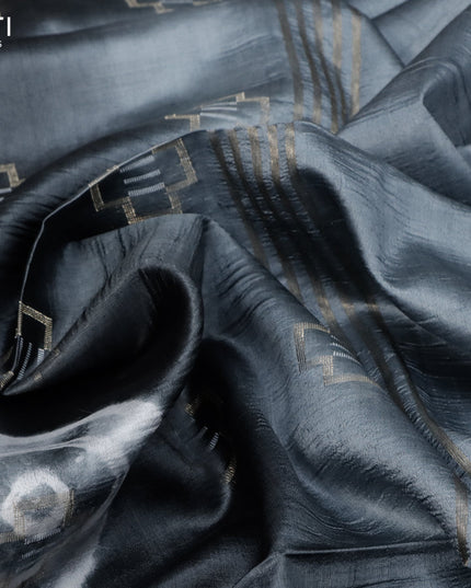 Banana silk saree dark grey and grey with allover geometric zari buttas & batik butta prints and zari woven border