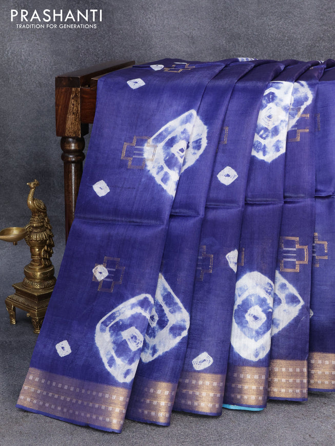Banana silk saree navy blue and light blue with allover geometric zari buttas & batik butta prints and zari woven border