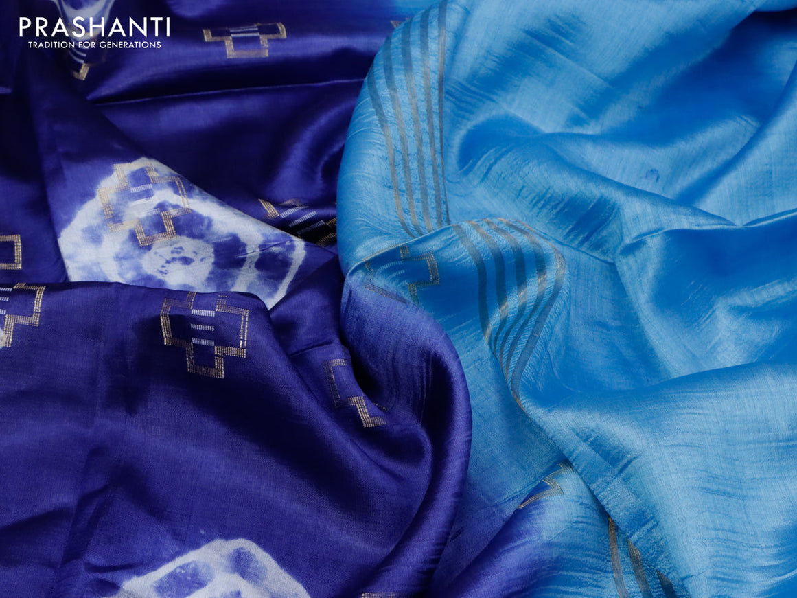 Banana silk saree navy blue and light blue with allover geometric zari buttas & batik butta prints and zari woven border