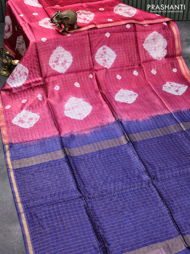 Banana silk saree pink and blue with allover zari checks & batik prints and small zari woven border