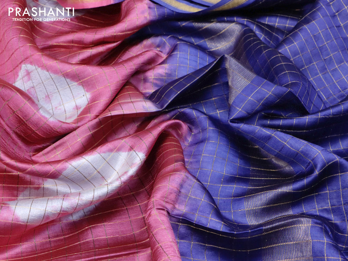 Banana silk saree pink and blue with allover zari checks & batik prints and small zari woven border