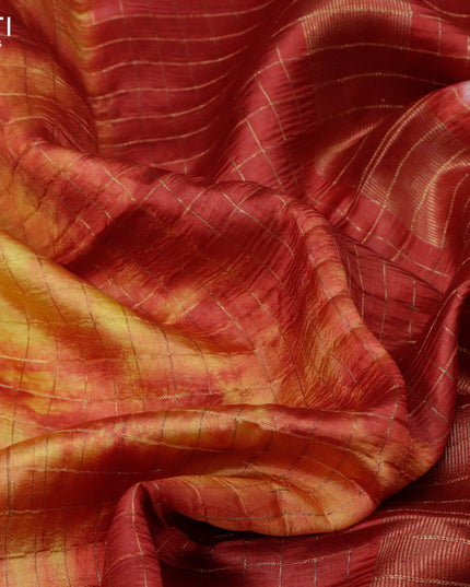 Banana silk saree yellow and red with allover zari checks & batik prints and small zari woven border
