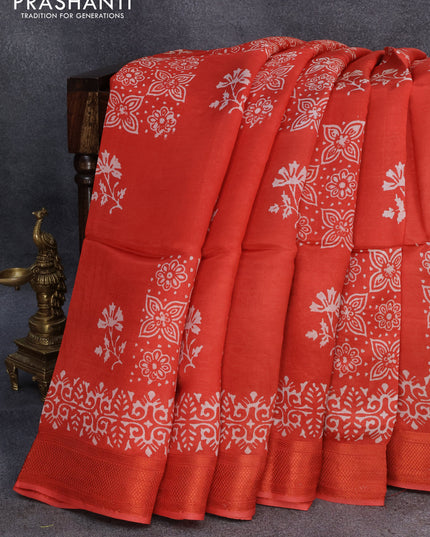 Banana silk saree red and dark navy blue with allover floral prints and zari woven border