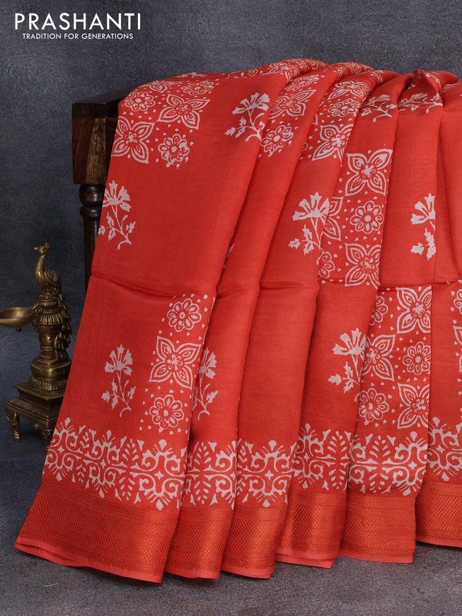 Banana silk saree red and dark navy blue with allover floral prints and zari woven border
