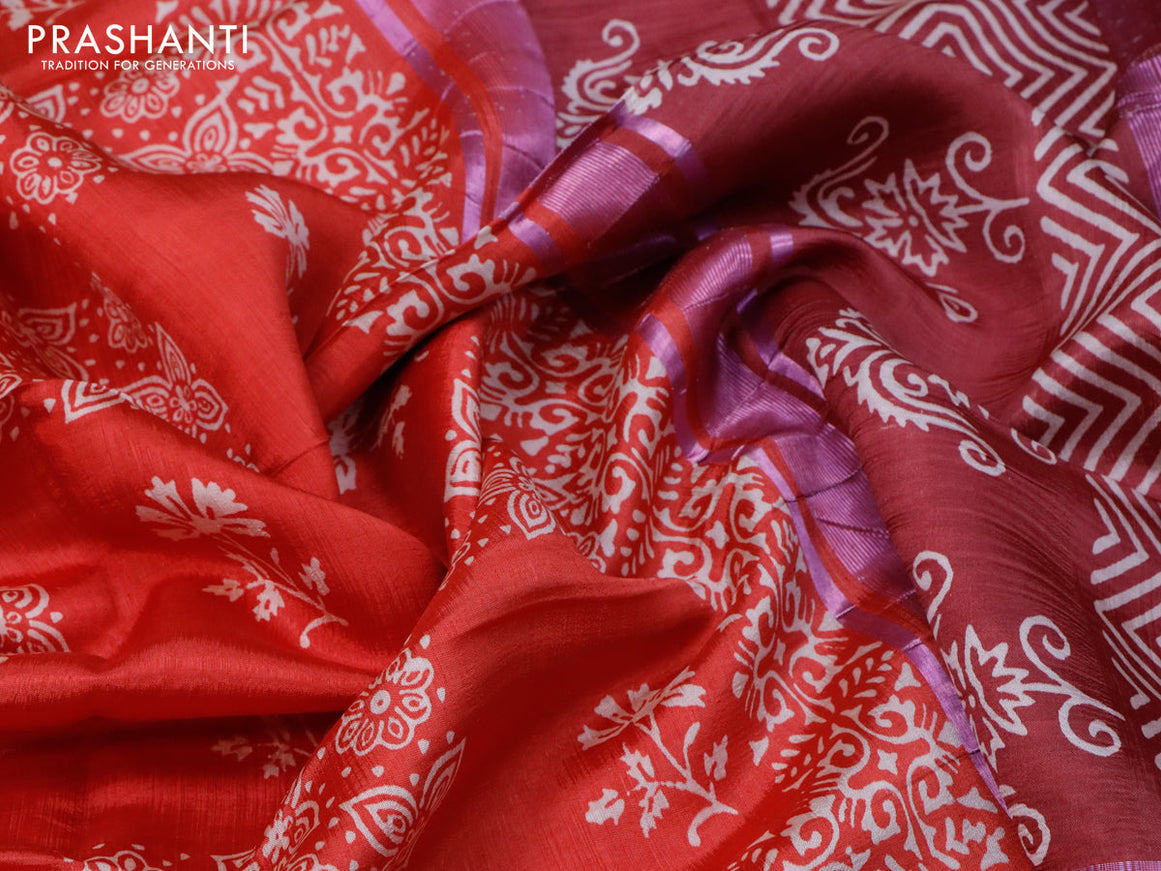 Banana silk saree red and maroon with allover floral prints and pink zari woven border