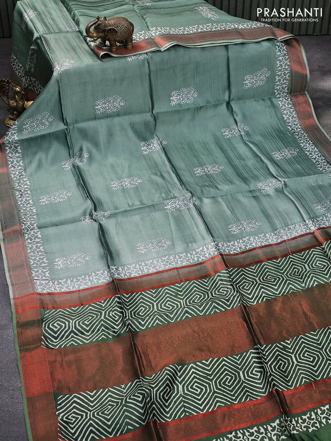 Banana silk saree pastel green and green with butta prints and copper zari woven border