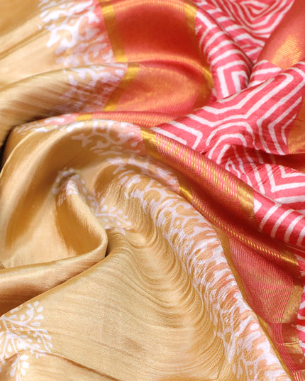 Banana silk saree sandal and pink shade with butta prints and zari woven border