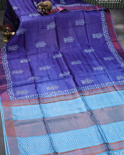 Banana silk saree blue and light blue with butta prints and copper zari woven border