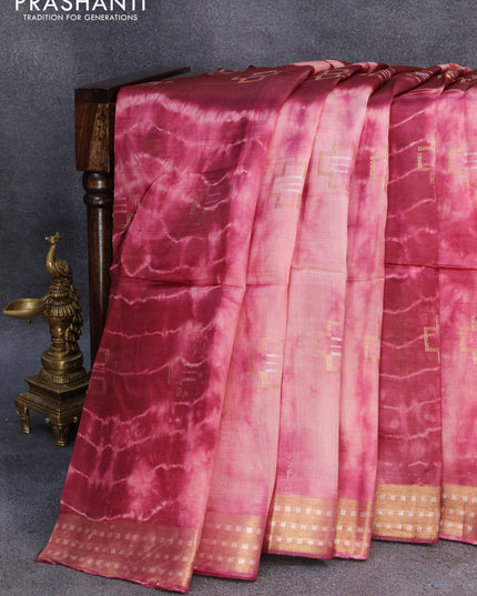 Banana silk saree dark magenta pink and peach shade with zari woven buttas & batik butta prints and zari woven border