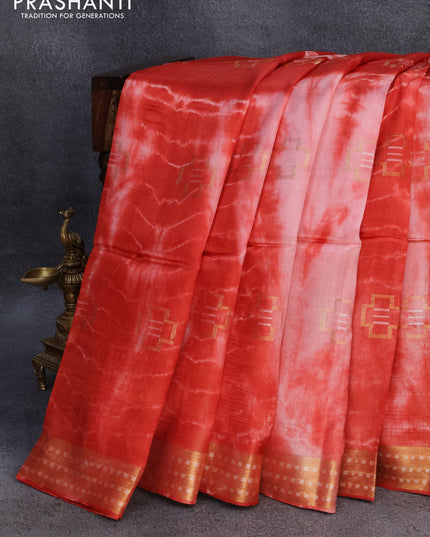Banana silk saree red and peach pink with zari woven buttas & batik butta prints and zari woven border