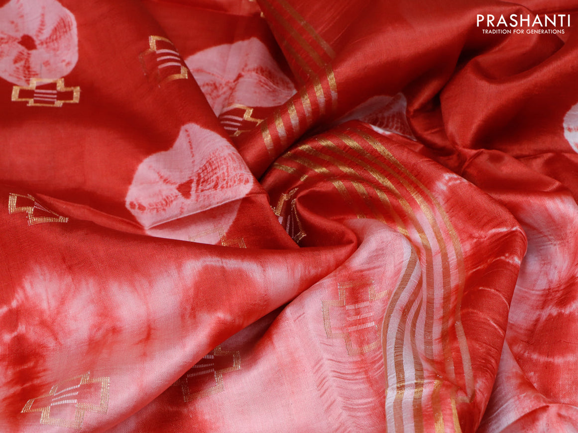 Banana silk saree red and peach pink with zari woven buttas & batik butta prints and zari woven border