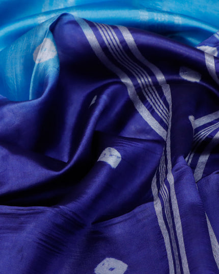 Banana silk saree light blue and blue with allover batik butta prints & silver zari buttas and silver zari woven border