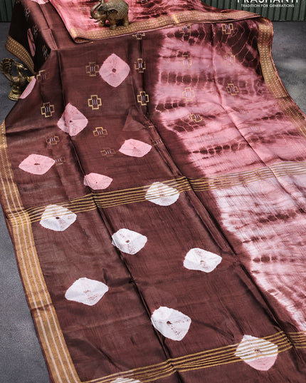Banana silk saree coffee brown and peach shade with zari woven buttas & batik butta prints and zari woven border