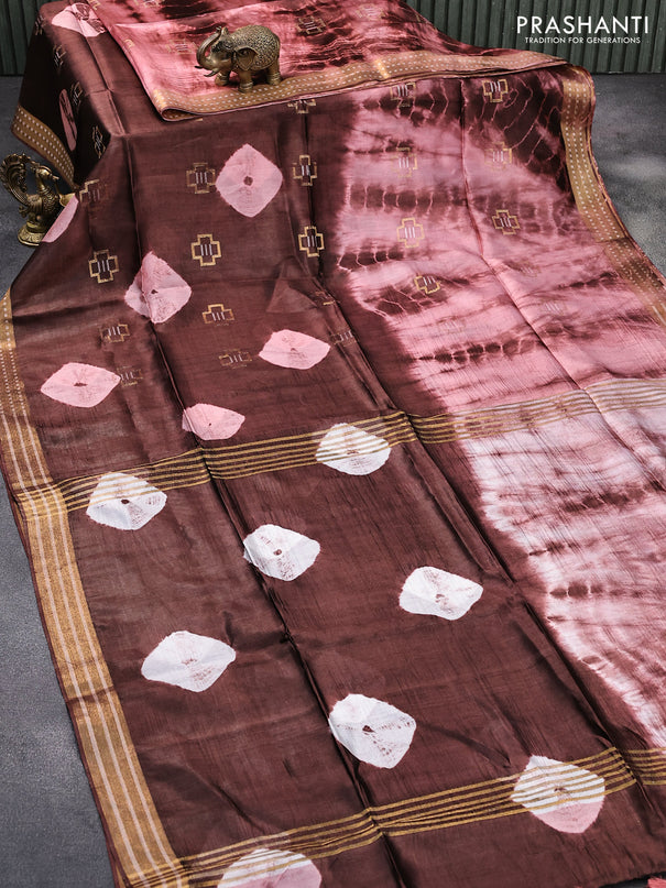 Banana silk saree coffee brown and peach shade with zari woven buttas & batik butta prints and zari woven border