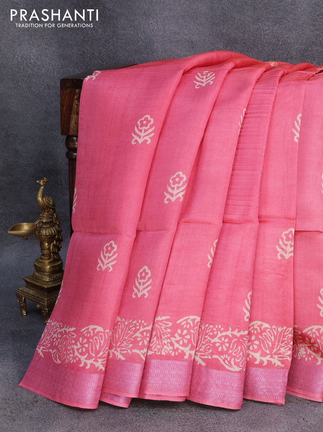 Banana silk saree pink and yellow with floral butta prints and pink zari woven border