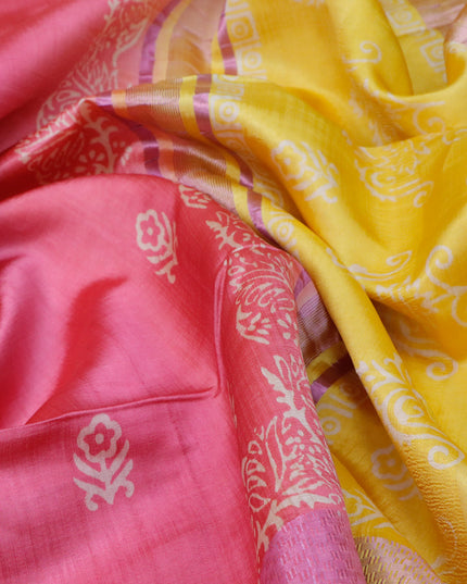 Banana silk saree pink and yellow with floral butta prints and pink zari woven border