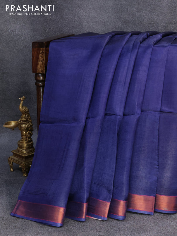Banana silk saree blue and light pink with plain body and copper zari woven border