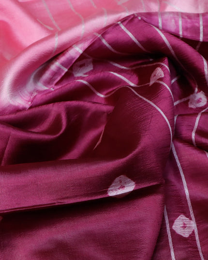 Banana silk saree light pink and dark magenta pink with allover batik butta prints and silver zari woven border