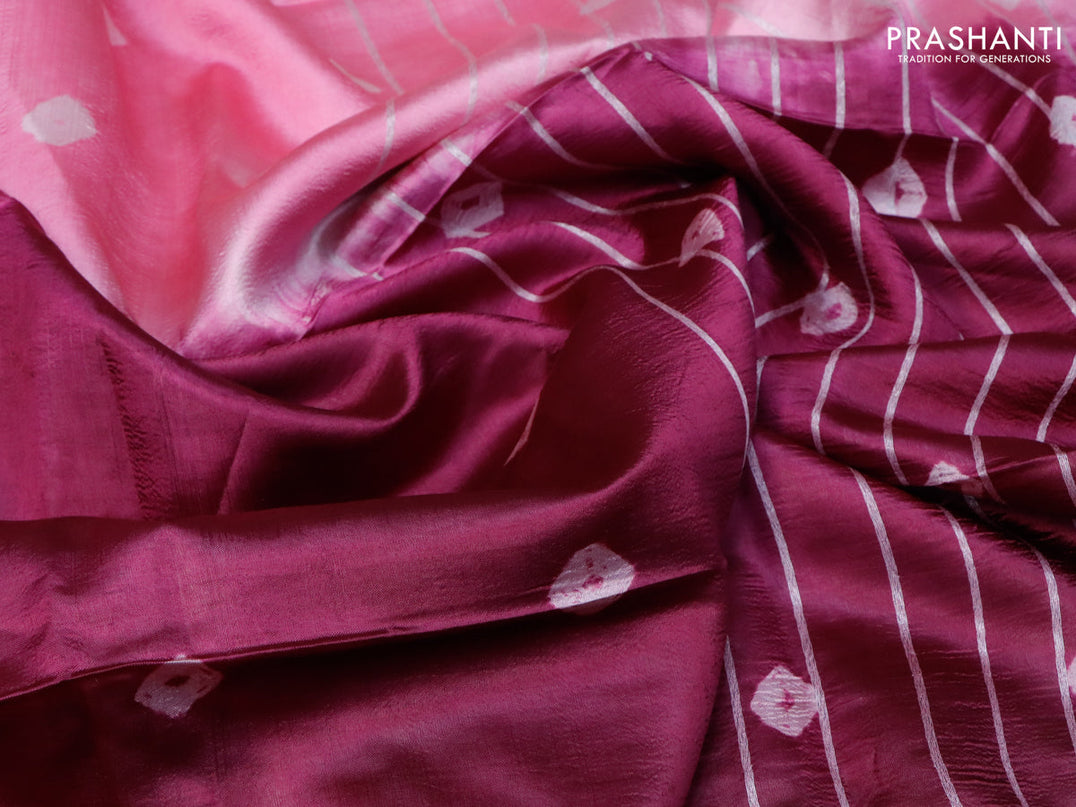 Banana silk saree light pink and dark magenta pink with allover batik butta prints and silver zari woven border