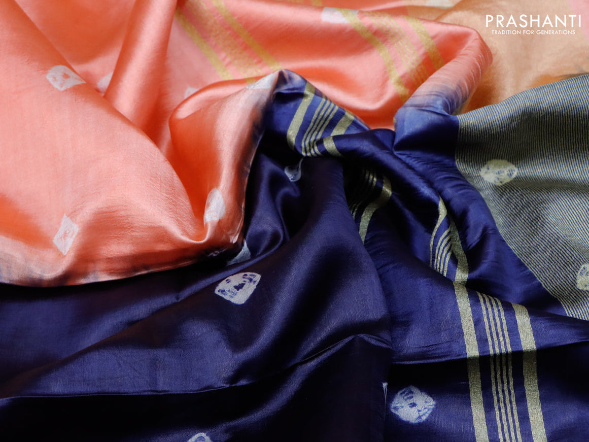 Banana silk saree peach orange and navy blue with allover batik butta prints and zari woven border