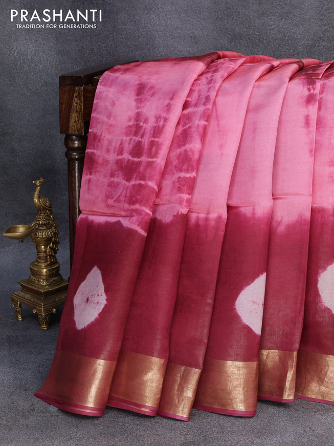 Banana silk saree pink and dark magenta with tie and dye batik butta prints and zari woven border