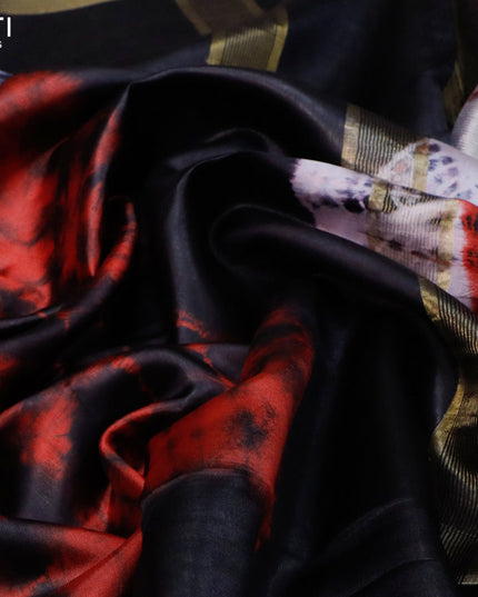 Banana silk saree red and black with tie and dye batik butta prints and zari woven border
