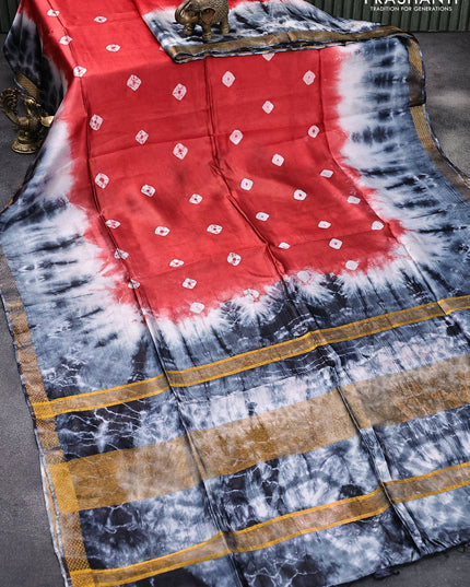 Banana silk saree red and grey with tie and dye batik butta prints and zari woven border