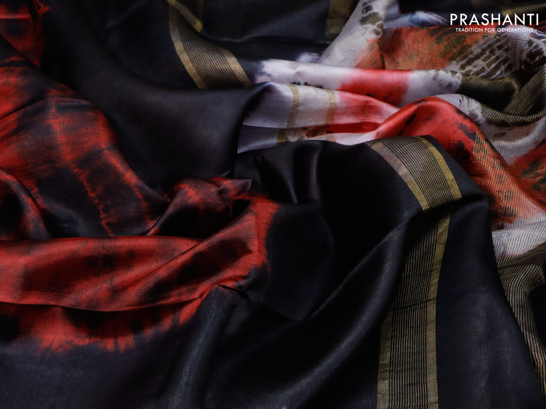 Banana silk saree maroon and black with tie and dye batik butta prints and zari woven border